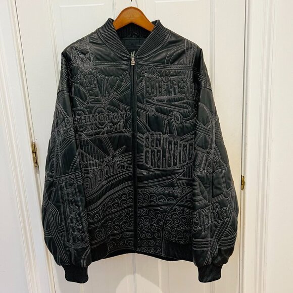 Vintage Max USA America Cities Embroided Leather Jacket 2XL Hip Hop Rare Y2K - Picture 11 of 16